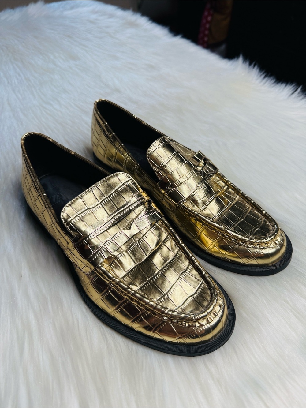 Zara Gold Metallic Croc Embossed Loafers